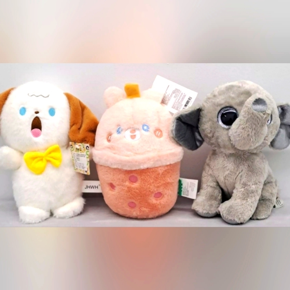 Plush Toys Milk Tea Cup, Elephant, Shouting Rabbit Lot of 3 - New with Tag 8.5"